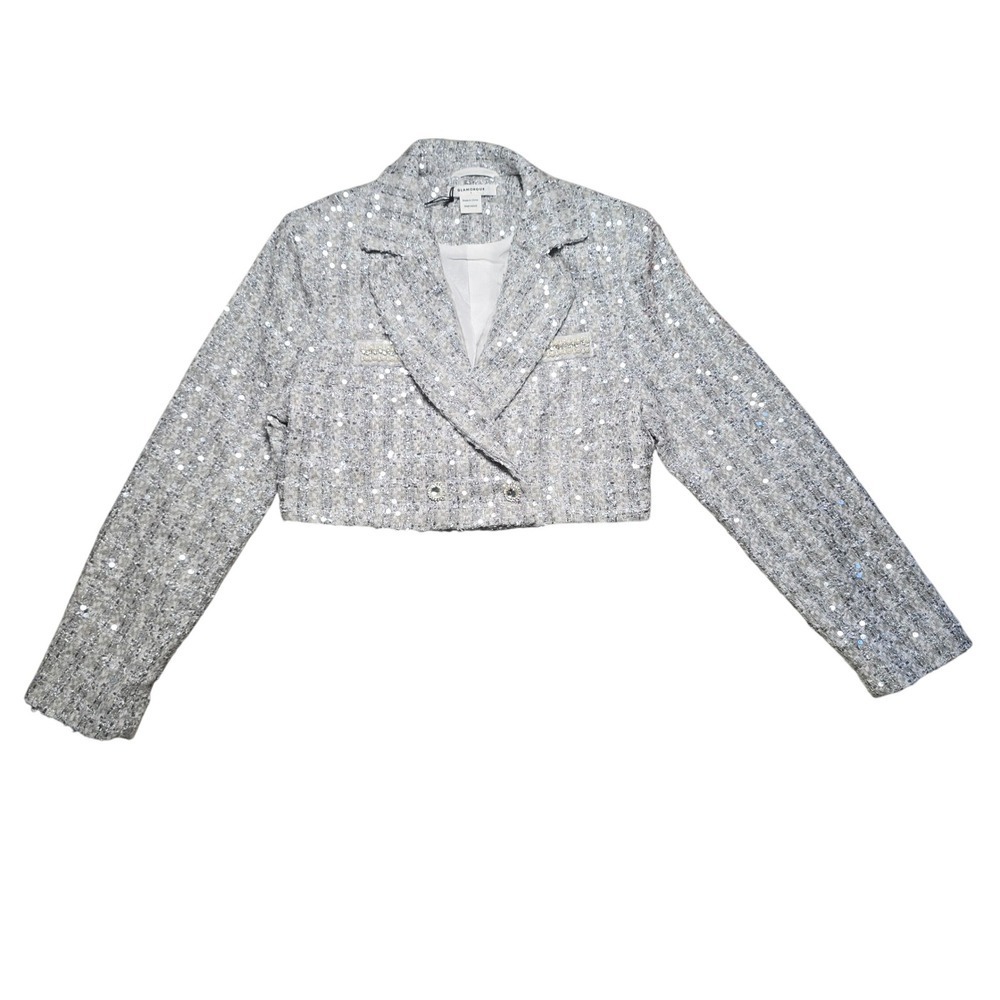 Glamorous Silver Sequin Jackey Womens Small Cropped Tweed Blazer Pearl Accents